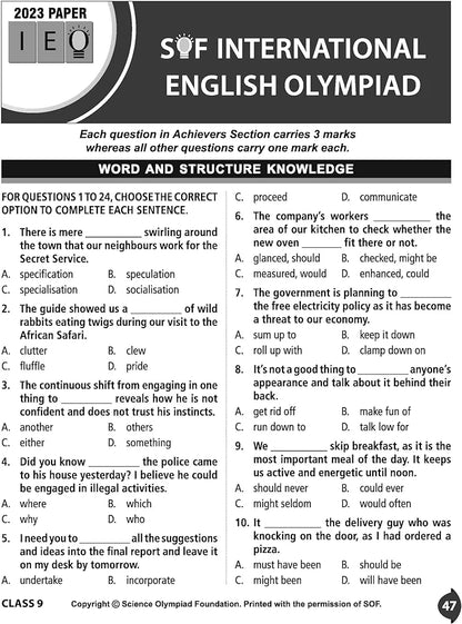MTG International English Olympiad (IEO) Workbook for Class 9 - MCQs, Previous Years Solved Paper and Achievers Section - SOF Olympiad Preparation Books For 2024-2025 Exam