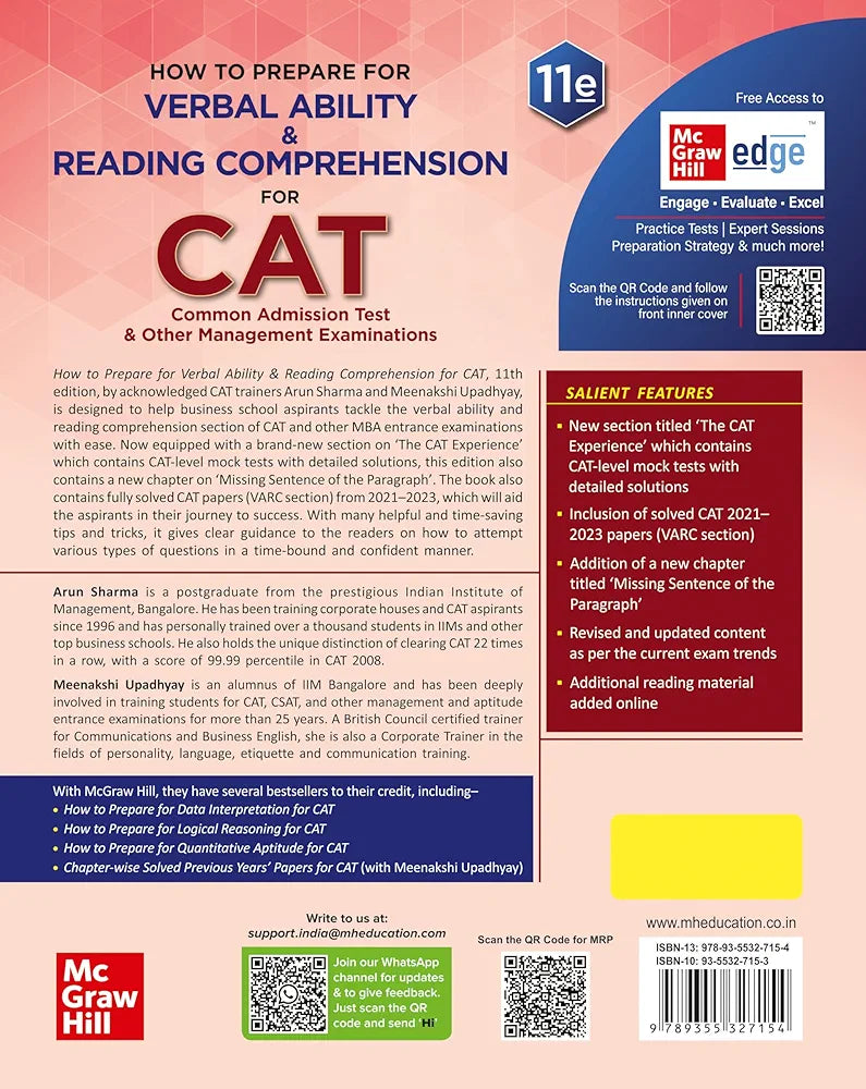 Verbal Ability & Reading Comprehension for CAT 2025 by Arun Sharma | 11th edition (latest) | VARC | CAT/ MBA entrance exam book with Solved Previous Years' Papers (2017-2023) PYQs | Brand new section - 'The CAT Experience' | by Arun Sharma
