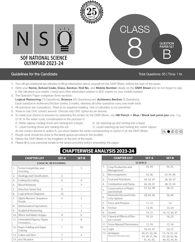 MTG NSO Class-8 Olympiad 10 Previous Years Papers (2023-2019 Set A & B) Science with Mock Test Papers - Sample OMR Sheet with Chapterwise Analysis | SOF Olympiad Books For 2024-25 Exam