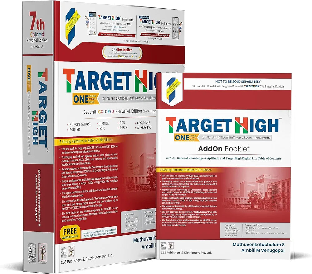 Target High 7th edition Premium Edition with AddON Booklet FREE - One Nation NORCET Book on Nursing Officer / Staff Nurse Recruitment Exams Coloured Phygital