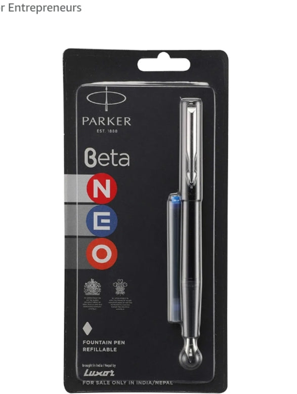 Parker Beta Neo Chrome Trim Fountain Pen| Black Body Color With 1 Ink Cartridge | Ink Color - Blue | Gift For Employees | Unique Gifts For Entrepreneurs