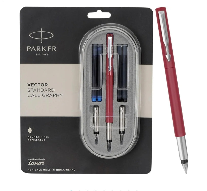 Parker Vector Standard Chrome Trim Calligraphy Fountain Pen| Red Body Color With 4 Ink Cartridges (2 Blue + 2 Black) | Novel Gifts For Professionals | Leading Pen For Corporate