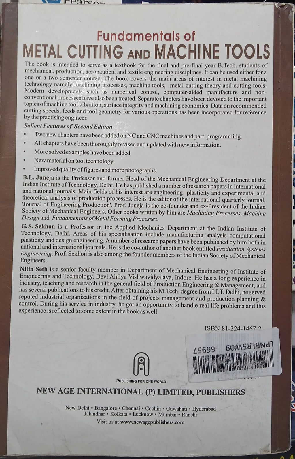 Fundamentals of Metal Cutting and Machine Tools Paperback – by B.L. Juneja (Author) Edition 2015
