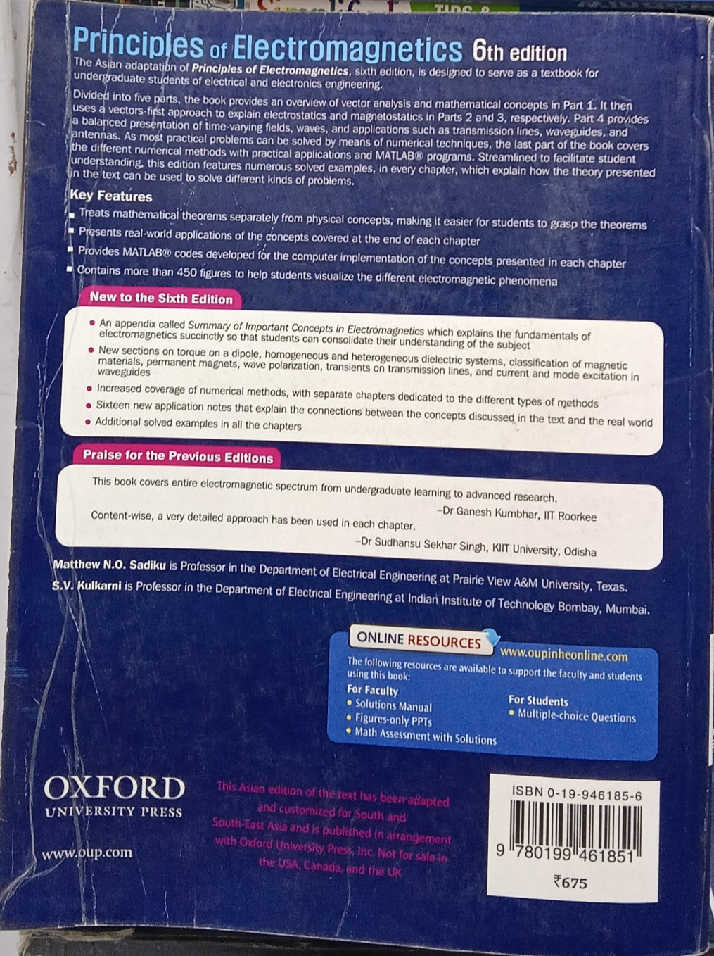 PRINCIPLES OF ELECTROMAGNETICS, 6TH EDN: Sixth Edition Paperback