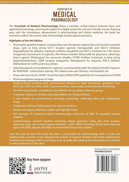 KD Tripathi ESSENTIALS OF MEDICAL PHARMACOLOGY COMPLIMENTARY BOOK INCLUDED 9/E, Revised Reprint 2026 Edition KD Tripathi