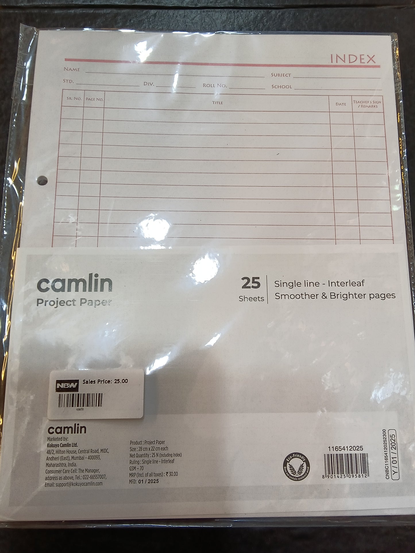 Camlin project paper 25 sheets siize28cmx22cm eash Ruling single line