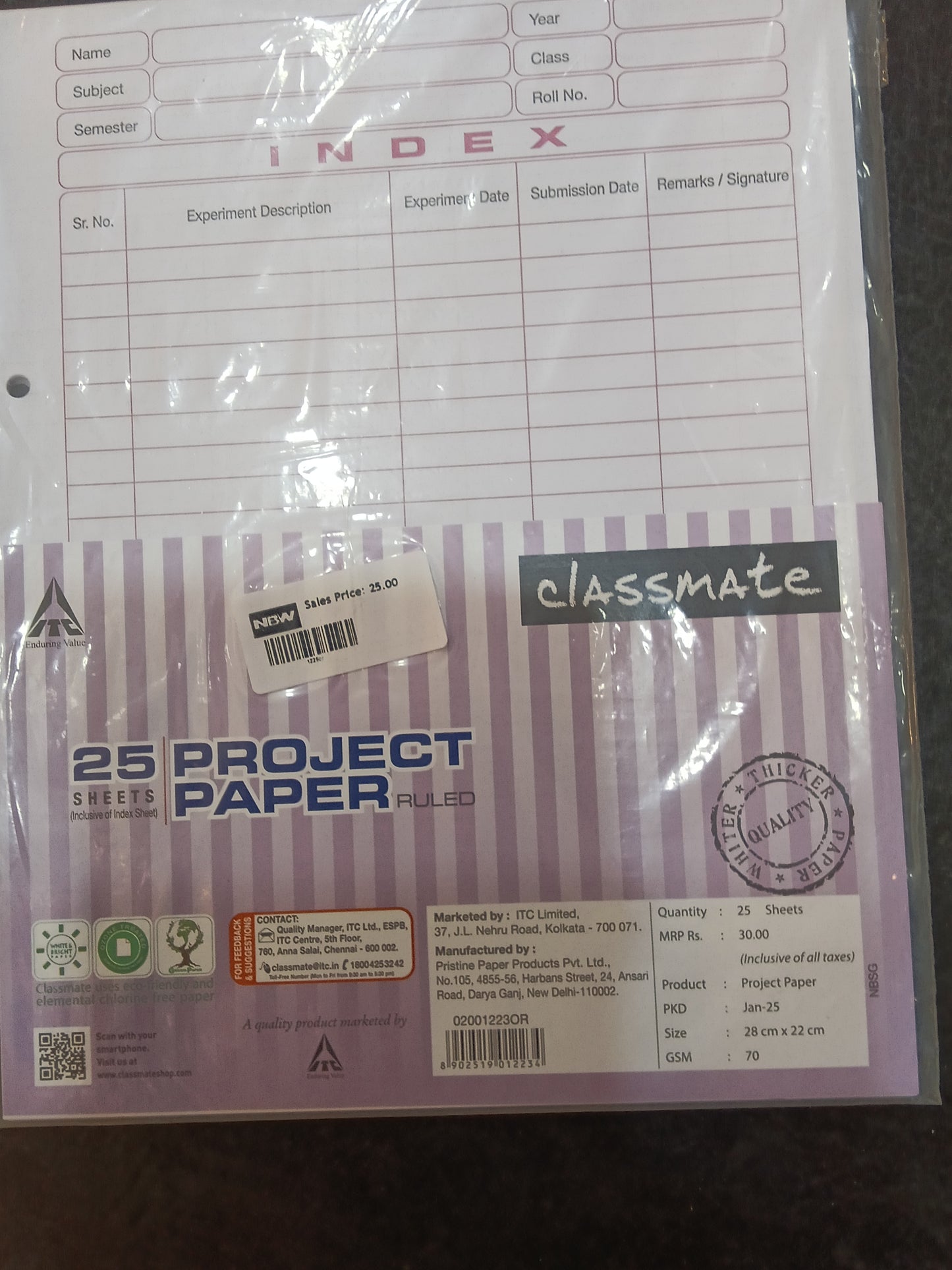 Classmate 25Sheets project paper Ruled  SIZE 28cmx22cm gsm70