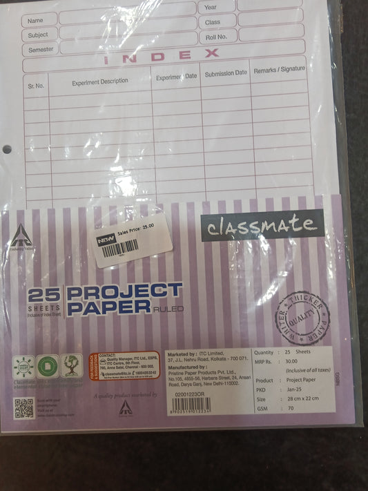 Classmate 25Sheets project paper Ruled  SIZE 28cmx22cm gsm70