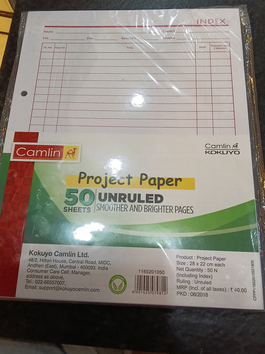 Camlin project papar 50Sheets size 28x22cm eash Ruling Unruled
