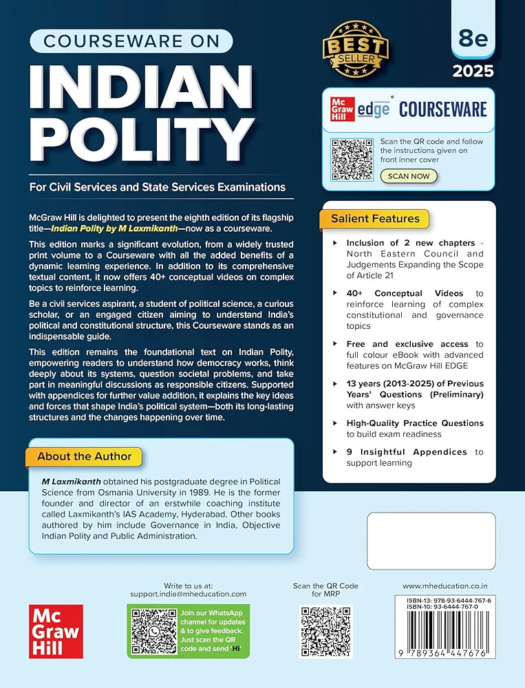 Indian Polity Courseware (English), 8e by M Laxmikanth for UPSC CSE 2025-26 | 40+ Conceptual Videos | 95 Well-structured Chapters | 18 Insightful Appendices | Full Colour eBook | Solved 13 Previous Years' Prelim Questions (2013–2025) | 12 Years' UPSC Main
