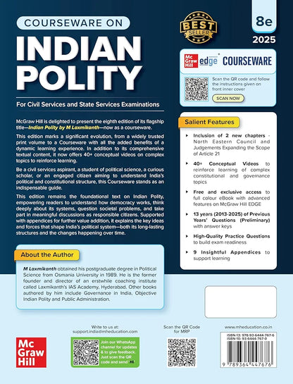 Indian Polity Courseware (English), 8e by M Laxmikanth for UPSC CSE 2025-26 | 40+ Conceptual Videos | 95 Well-structured Chapters | 18 Insightful Appendices | Full Colour eBook | Solved 13 Previous Years' Prelim Questions (2013–2025) | 12 Years' UPSC Main