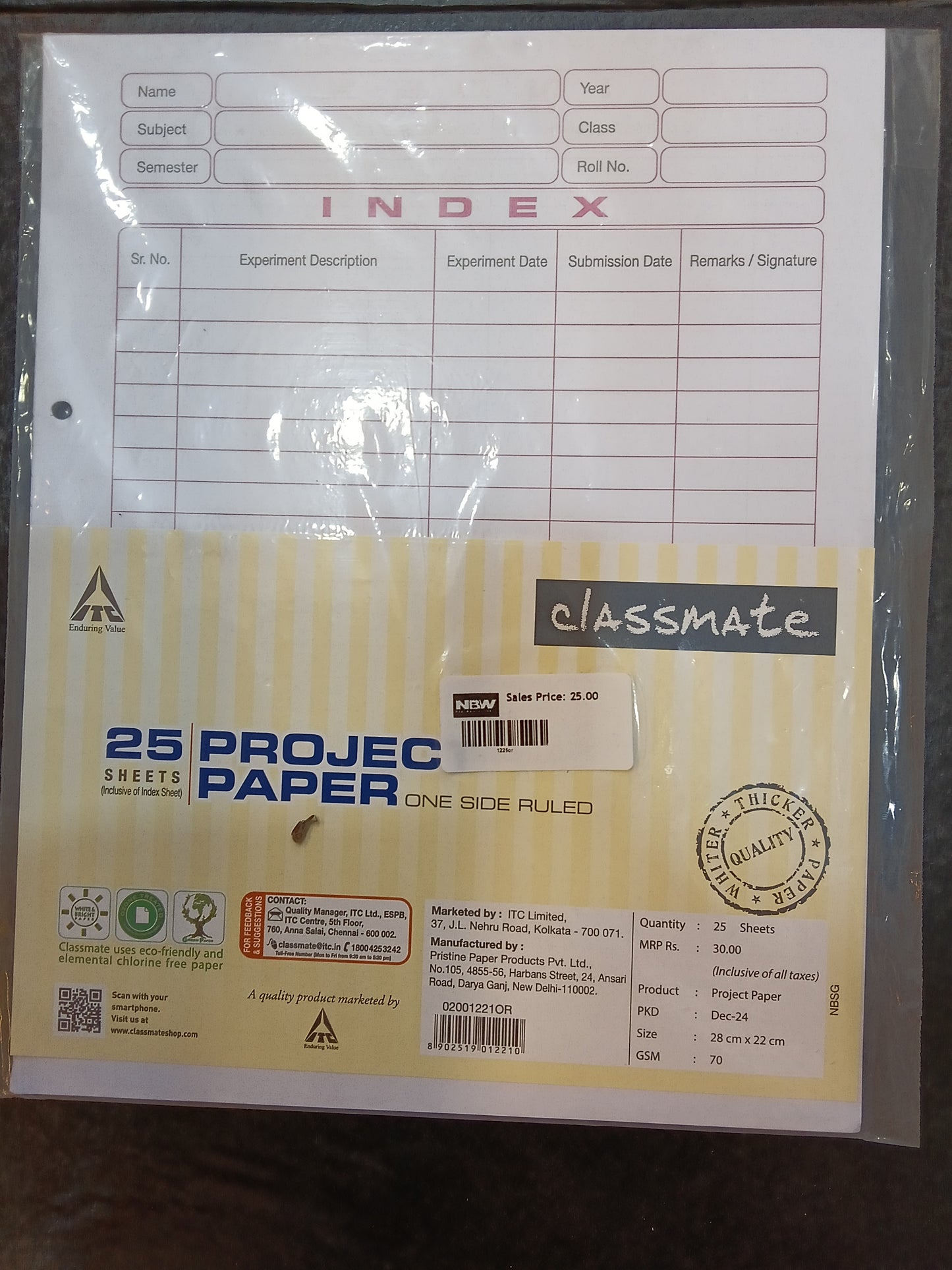 Classmate 25 sheets project paper One Side Ruled